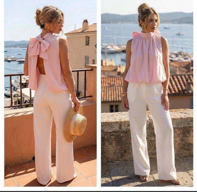 Top femme dos nu Manon, sans manches et dos à nouer, style tendance été 2026.