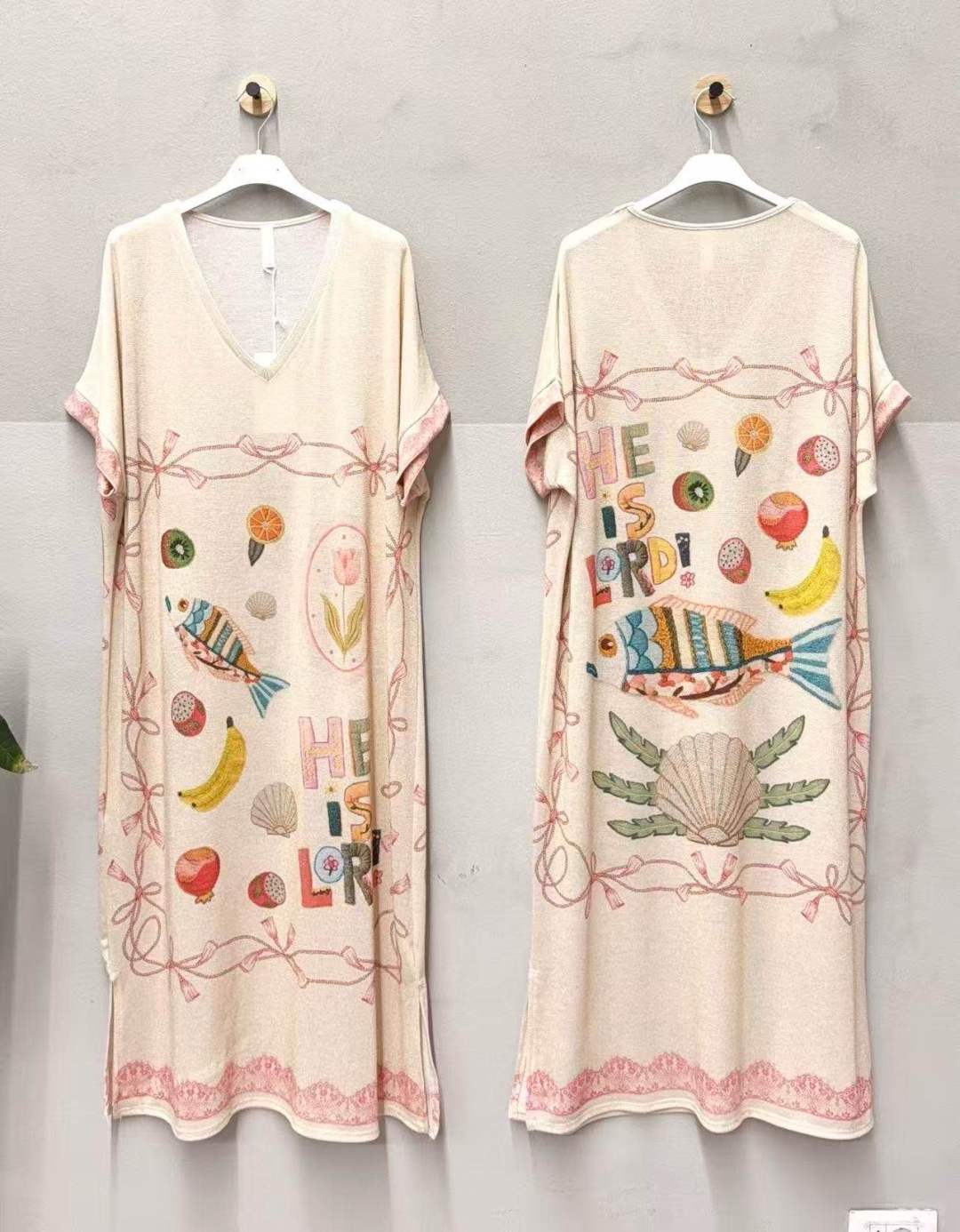 Robe longue femme imprimée hé avec fils de lurex dorés, coupe fluide et légère, fabrication Italienne, style féminin et tendance
