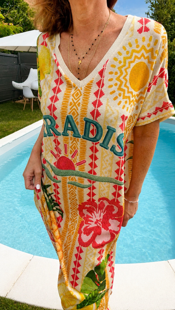 Robe longue femme imprimée paradise avec fils de lurex dorés, coupe fluide et légère, fabrication Italienne, style féminin et tendance. 36/44