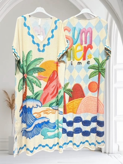Robe longue femme imprimée summer avec fils de lurex dorés, coupe fluide et légère, fabrication Italienne, style féminin et tendance