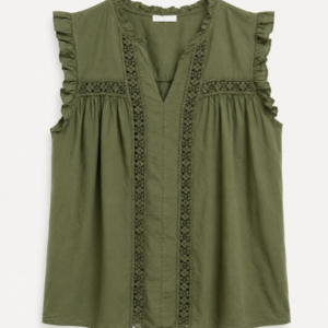 Blouse femme Jessica avec dentelle et volants aux épaules, coupe fluide et col en V.