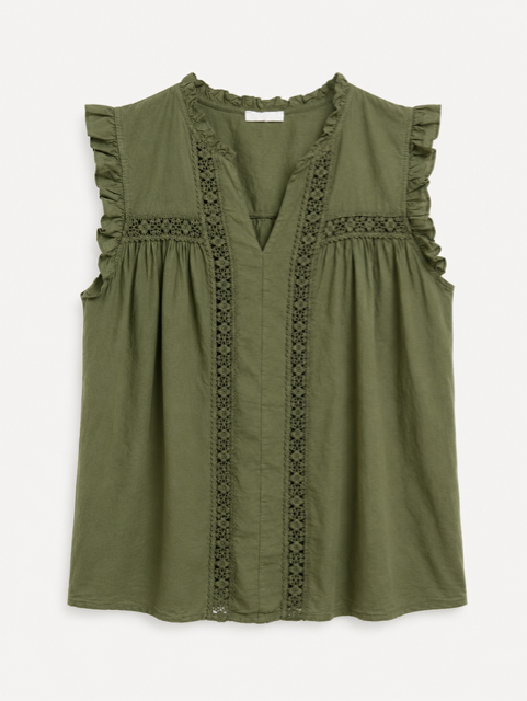 Blouse femme Jessica avec dentelle et volants aux épaules, coupe fluide et col en V.