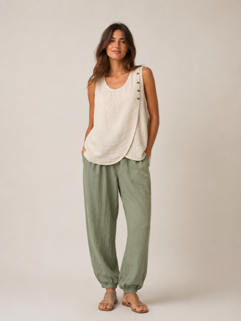 Pantalon femme Aladin kaki à coupe ample avec taille et chevilles élastiquées, poches latérales et style décontracté.