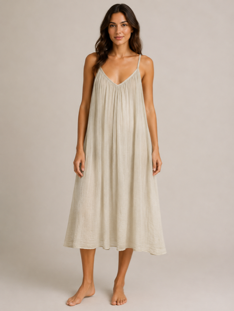 Robe longue femme Dani en voile de coton doublé beige avec fines bretelles réglables et coupe fluide.